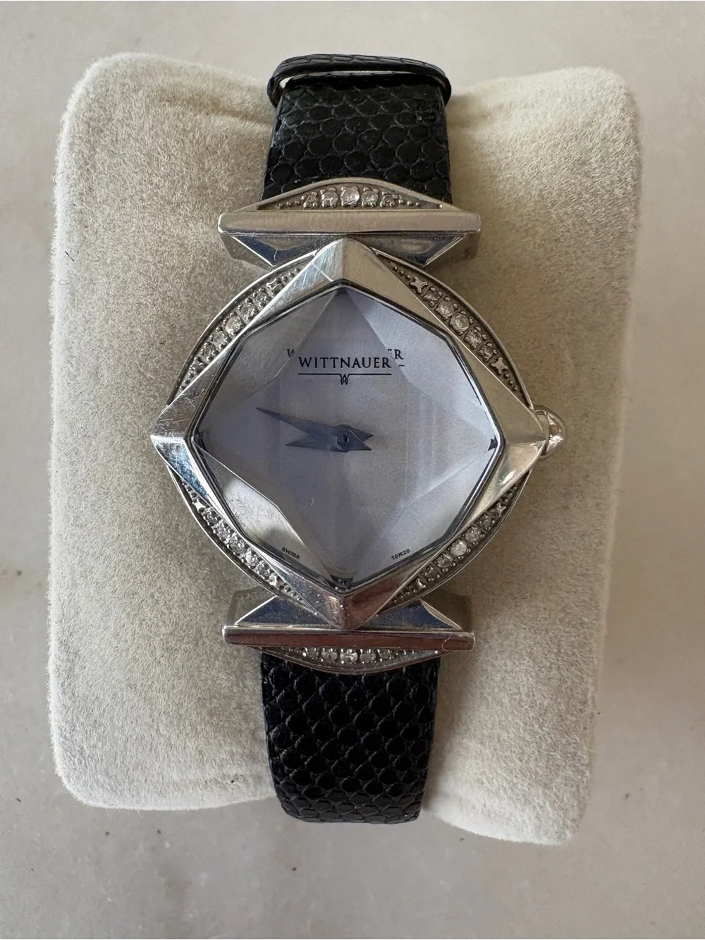 Wittnauer Silver Geometric Case Watch with Crystals and Black Leather Strap